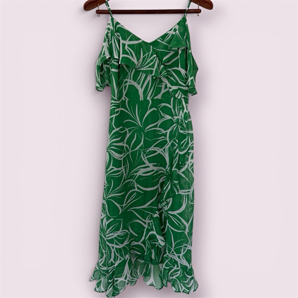 London Times Green White Abstract V-Neck Chiffon Ruffle Midi Slip Dress Size 10P - Picture 3 of 8